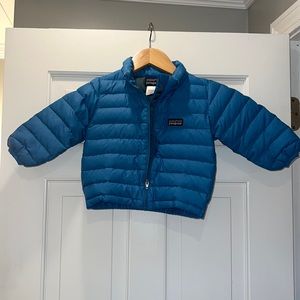 Blue Patagonia down jacket